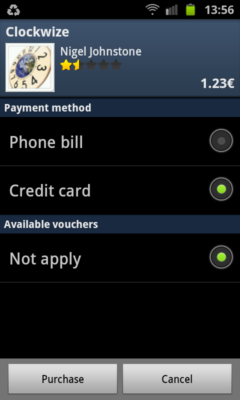 Επιλέγοντας Buy σε app €1,23 εμφανίζεται η επιλογή Phone Bill