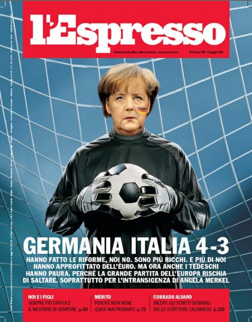 Η Μέρκελ τερματοφύλακας στο μεγάλο ματς της Ευρώπης στο εξώφυλλο του L’Espresso