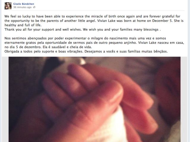 Gisele: γέννησε στο σπίτι της κ ανέβασε φωτογραφίες στο facebook