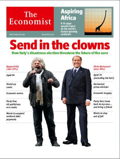 «Φέρτε τους κλόουν» λέει ο Economist για Γκρίλο και Μπερλουσκόνι