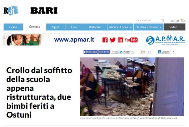 Ιταλία: Κατέρρευσε η οροφή σχολικής αίθουσας, δύο μαθητές τραυματίες