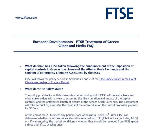 FTSE: Αποφασίζει για την υποβάθμιση του Χρηματιστηρίου Αθηνών