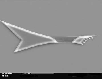 Ερευνήτρια παίζει ηλεκτρική κιθάρα σε μέγεθος μικροβίου