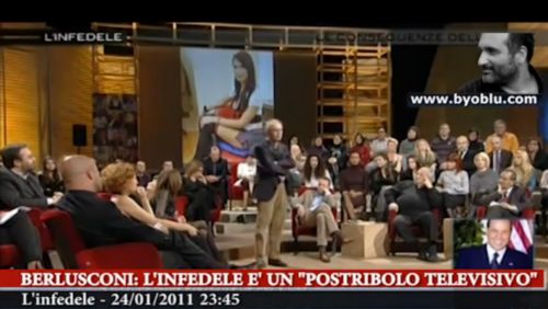 Μπερλουσκόνι μαινόμενος σε τηλεοπτική παρέμβαση με φόντο τη Ρούμπι