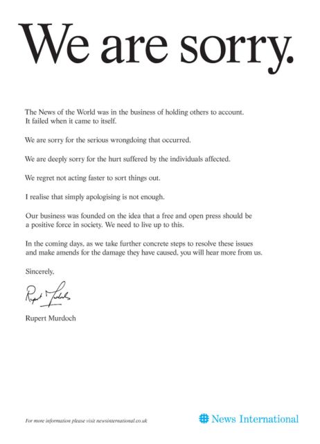 Συγγνώμη Μέρντοχ για το σκάνδαλο με επιστολή στον βρετανικό Τύπο