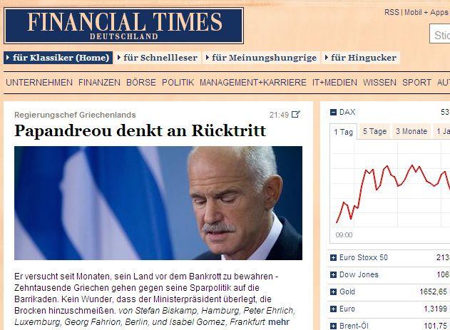 Ο Γ.Παπανδρέου «σκέφτηκε την παραίτηση», γράφουν οι γερμανικοί Financial Times