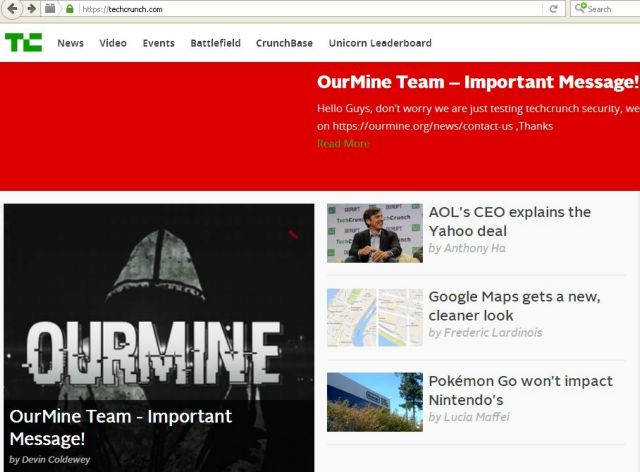 Μήνυμα των OurMine με χάκινγκ στο πρωτοσέλιδο του TechCrunch