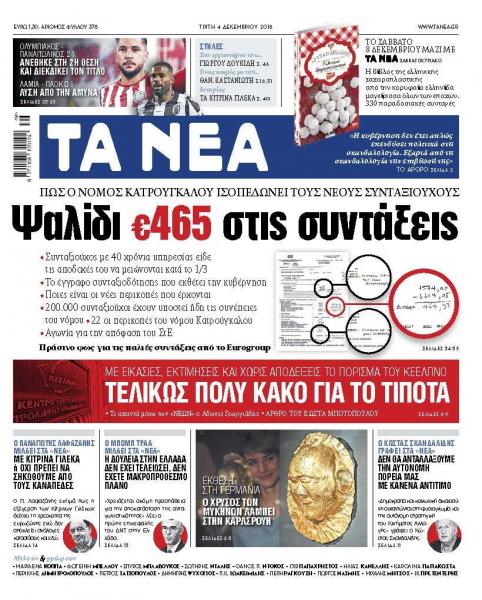 Διαβάστε στα «ΝΕΑ» της Τρίτης: «Ψαλίδι 465 ευρώ στις συντάξεις»