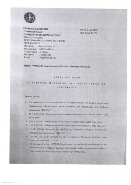 Κοροναϊός : Αυτή είναι η απόφαση με την οποία αναβάλλονται οι καρναβαλικές εκδηλώσεις