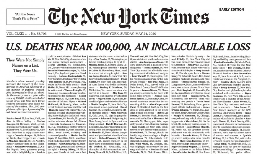 Το συγκλονιστικό πρωτοσέλιδο των New York Times για τα θύματα του κοροναϊού στις ΗΠΑ