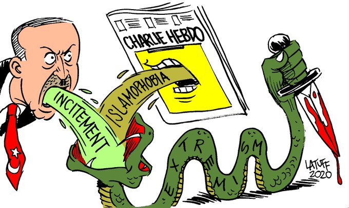 Σκίτσο του Latuff με τον Ερντογάν και το Charlie Hebdo να ταΐζουν το φίδι του εξτρεμισμού