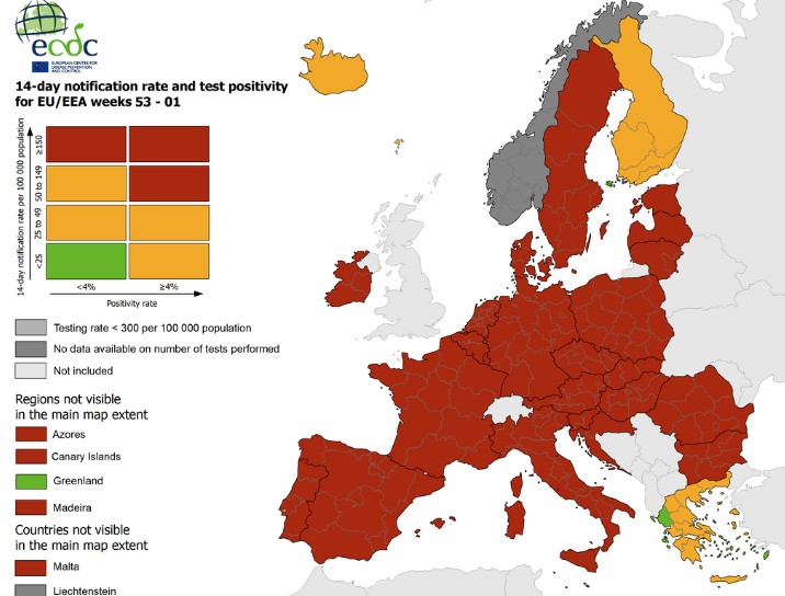 Χάρτης ECDC : Στο «κόκκινο» η Ευρώπη  – Στην Ελλάδα οι μόνες «πράσινες» περιοχές