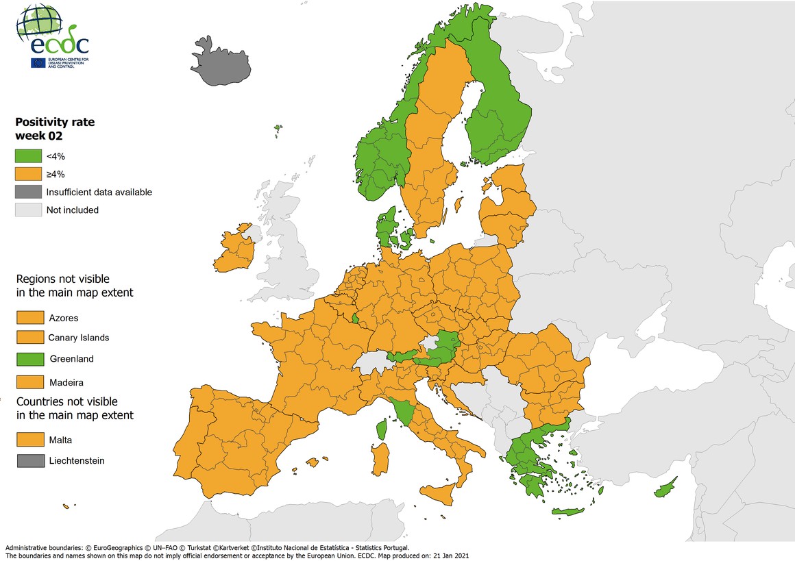 Κοροναϊός: Ξανά «πράσινη» η Ελλάδα στον χάρτη του ECDC – Κάτω από 4% ο δείκτης θετικότητας