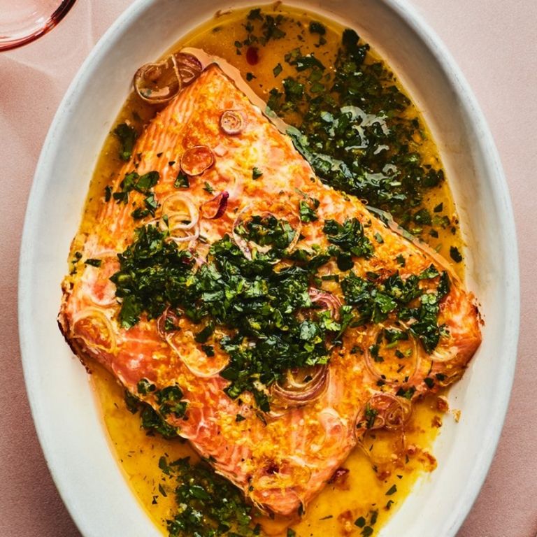 Σολωμός φούρνου με σάλτσα λεμονιού και πορτοκαλιού