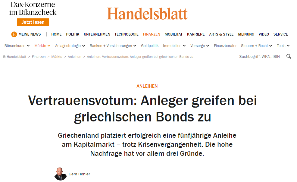 Handelsblatt: “Vote of confidence” for Greece through bonds, the Tsipras-Varoufakis era is in the past