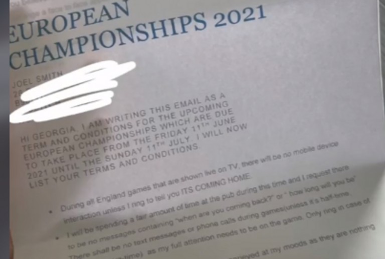 Euro 2020: Έστειλε στην κοπέλα του γράμμα με... κανόνες συμπεριφοράς για όσο διαρκεί η διοργάνωση