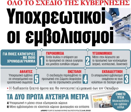 Στα «ΝΕΑ» της Πέμπτης: Υποχρεωτικοί οι εμβολιασμοί