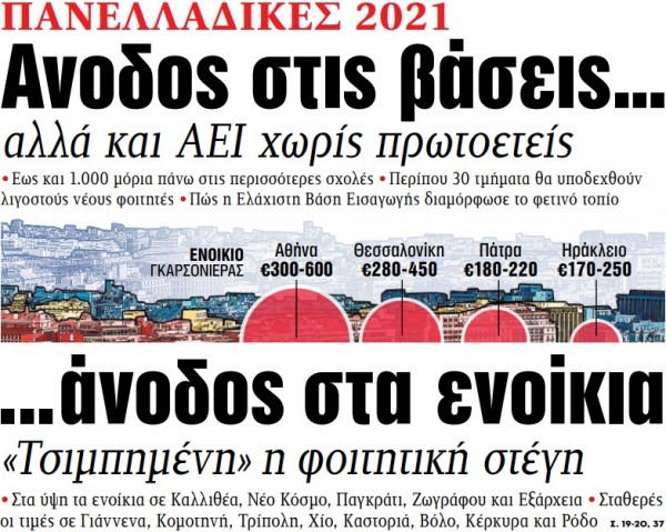 Στα «ΝΕΑ» της Τρίτης – Ανοδος στις βάσεις… άνοδος στα ενοίκια
