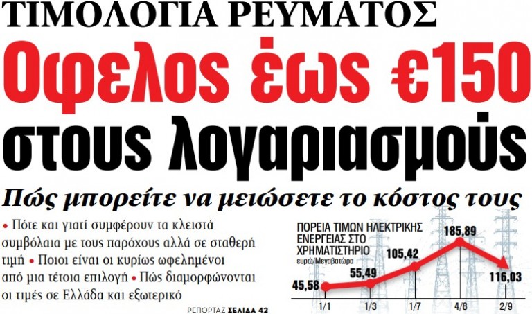 Στα «ΝΕΑ» της Τετάρτης – Οφελος έως €150 στους λογαριασμούς