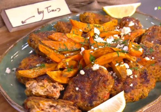 Ο Τίμος Ζαχαράτος ετοιμάζει μπιφτέκια γαλοπούλας με γλυκοπατάτες και μανιτάρια