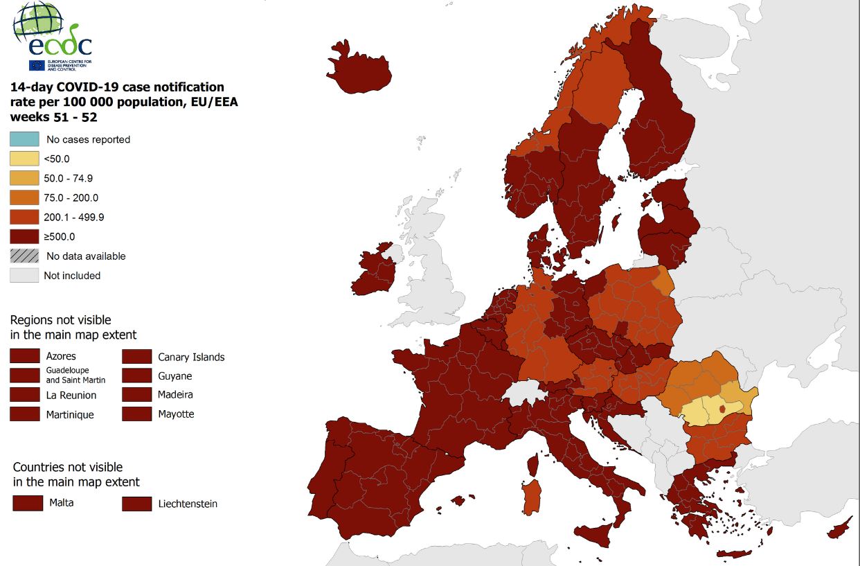 ECDC – Στο «βαθύ κόκκινο» η Ελλάδα και σχεδόν όλη η Ευρώπη
