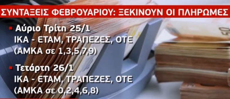 Συντάξεις Φεβρουαρίου: Ξεκινούν από την Τρίτη οι πληρωμές