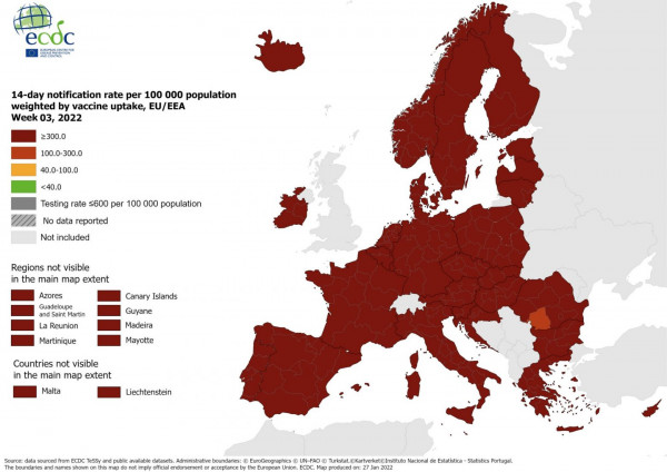 ECDC: Στα ύψη τα κρούσματα λόγω Όμικρον  – Στο βαθύ κόκκινο η ΕΕ