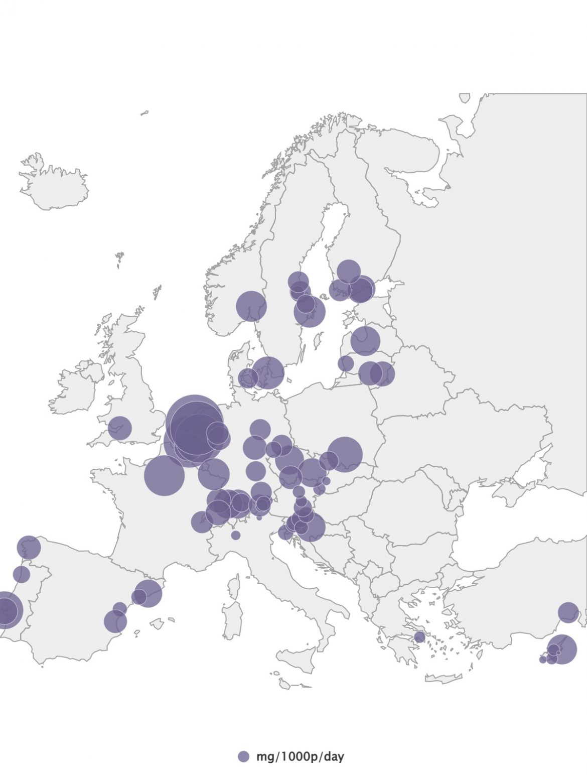 Το μέγεθος των κύκλων εκφράζει την κατανάλωση MDMA ανά πόλη. Στην Ελλάδα δείχνει χαμηλή, όπως ισχύει και για τις άλλες 4 ουσίες που εξετάστηκαν (EMCDDA)