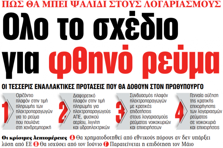Στα «ΝΕΑ» της Τετάρτης: Ολο το σχέδιο για φθηνό ρεύμα