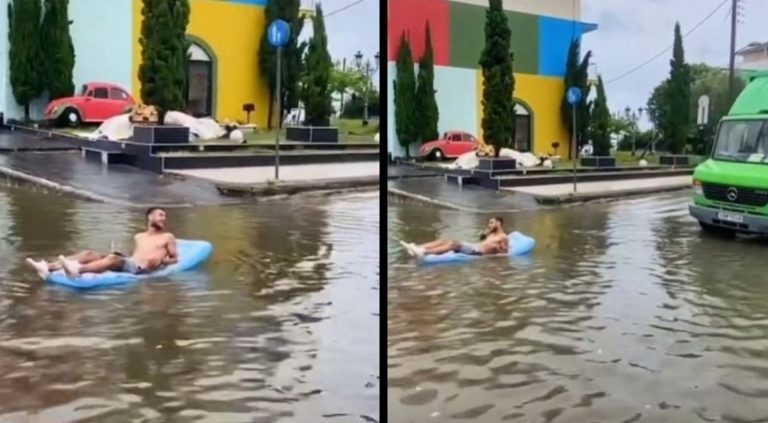Βγήκε… με φουσκωτό και κοκτέιλ σε πλημμυρισμένο δρόμο της Κατερίνης – «Εδώ κολυμπάμε» είπε σε φορτηγατζή