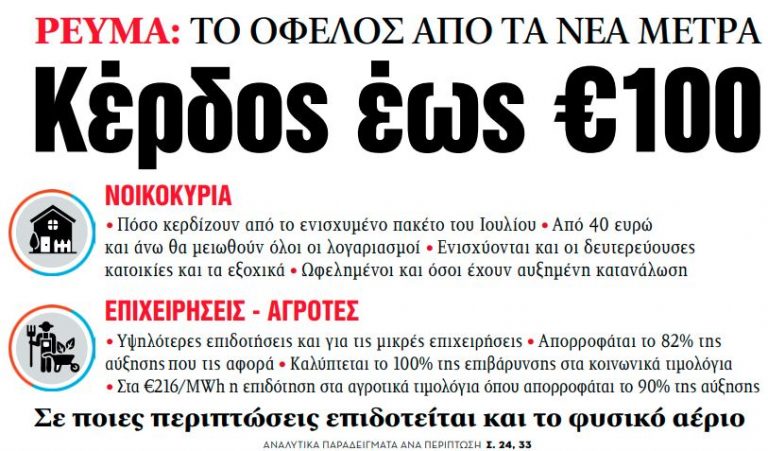 Στα «ΝΕΑ» της Τετάρτης – Ρεύμα: Κέρδος έως €100