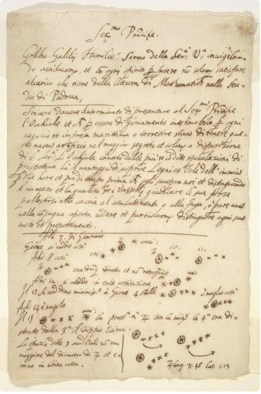 Το κάτω τμήμα του χειρογράφου περιλαμβάνει σημειώσεις για την ανακάλυψη των δορυφόρων του Δία (University of Michigan Library)