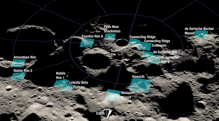 Οι 13 υποψήφιες τοποθεσίες της NASA γύρω από τον νότιο πόλο της Σελήνης (NASA)