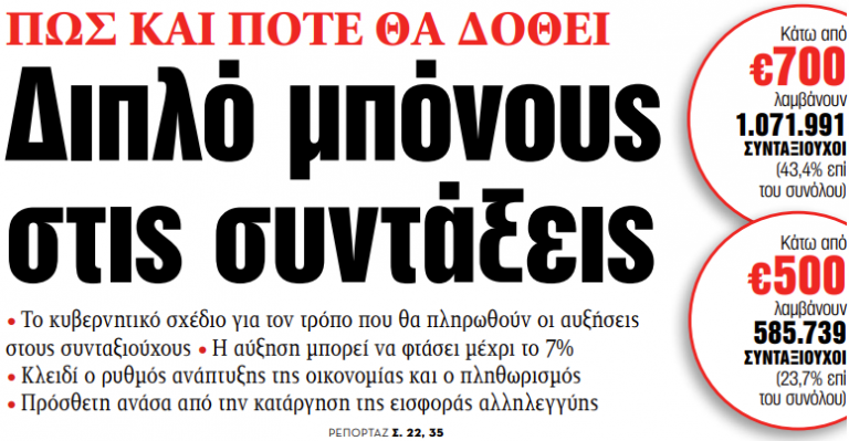 Στα «ΝΕΑ» της Παρασκευής: Διπλό μπόνους στις συντάξεις
