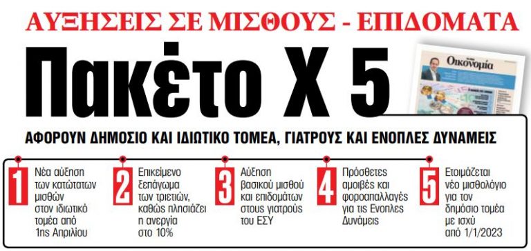 Στα «ΝΕΑ» της Τρίτης: Αυξήσεις σε μισθούς – Επιδόματα  – Πακέτο Χ 5