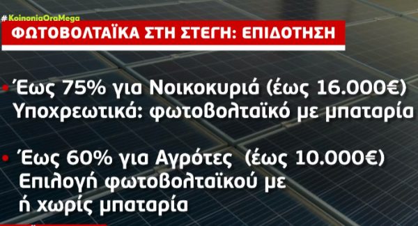 «Φωτοβολταϊκά στη Στέγη»: Επιδότηση έως και 16.000 ευρώ – Τέλος Απριλίου οι αιτήσεις