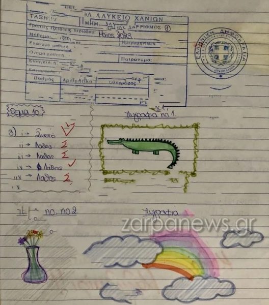 Viral το γραπτό μαθητή στις ενδοσχολικές εξετάσεις λυκείου στα Χανιά – Κροκόδειλοι και ουράνια τόξα