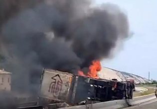 Τροχαίο στην Πατρών – Κορίνθου: Ανετράπη νταλίκα και πήρε φωτιά