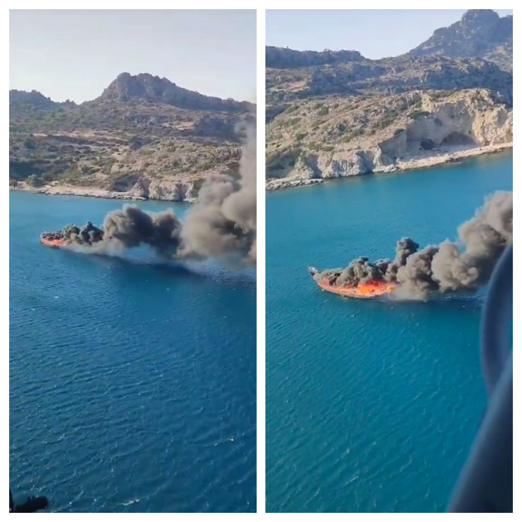Η σοκαριστική στιγμή που τουριστικό πλοίο στη Ρόδο τυλίγεται στις φλόγες – Δείτε βίντεο