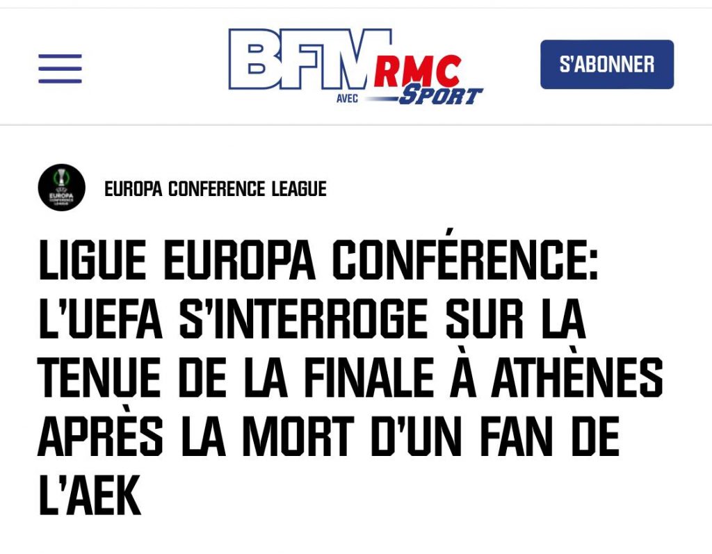 Νέα Φιλαδέλφεια: RMC – «Η UEFA επανεξετάζει τη διεξαγωγή του τελικού του Conference League στην Αθήνα»