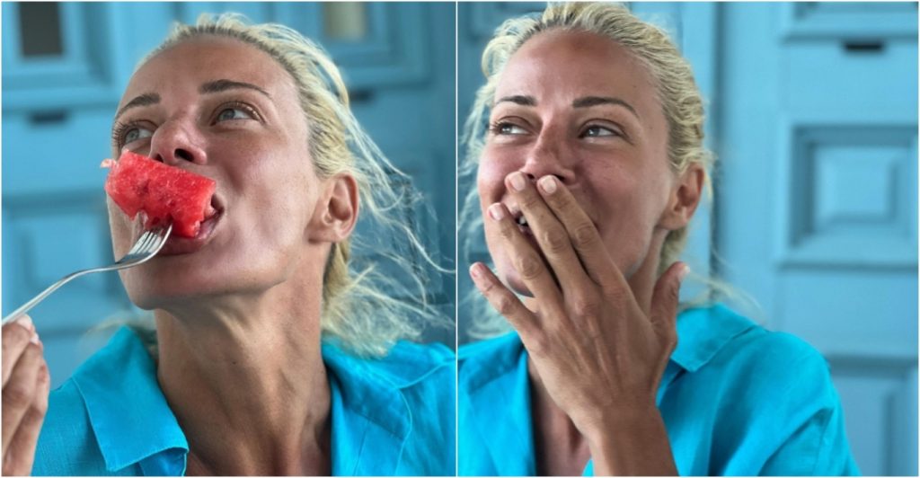 Ζέτα Μακρυπούλια: Προσπαθεί να φάει καρπούζι αλλά ο Νίκος Μουτσινάς δεν την αφήνει