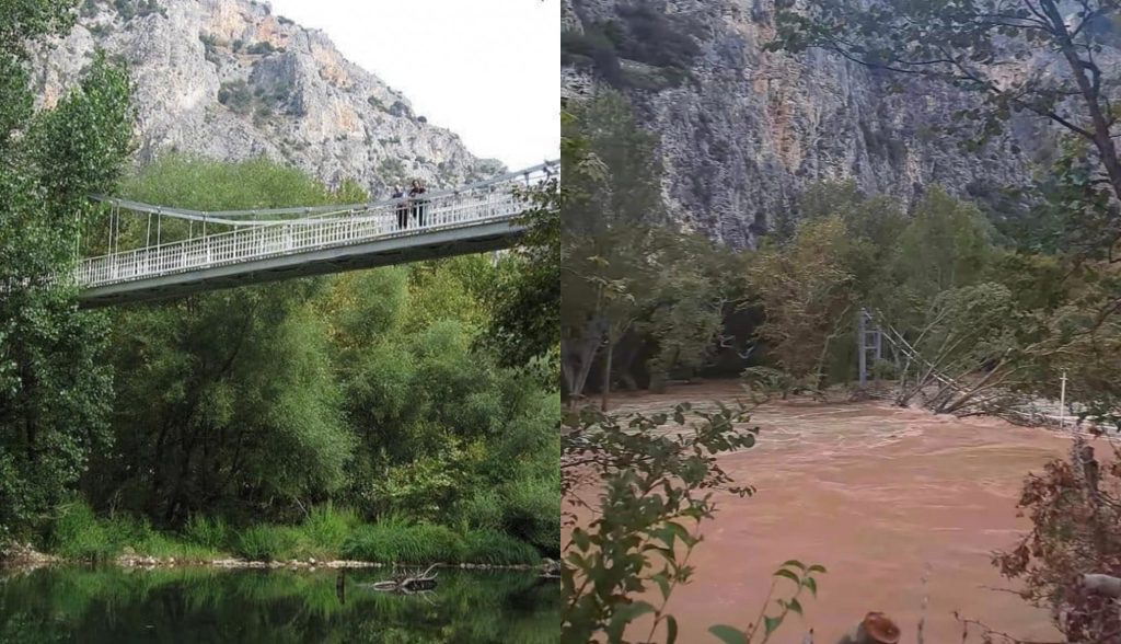 Δραματικές εικόνες: Ο Πηνειός εξαφάνισε την κρεμαστή γέφυρα των Τεμπών