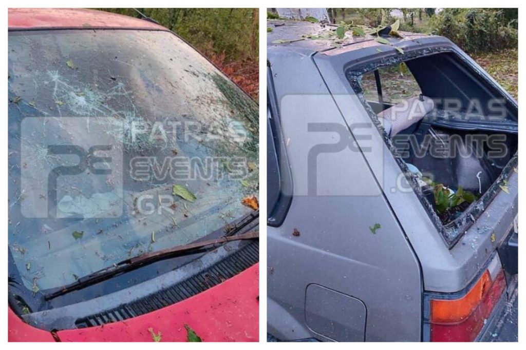 Κακοκαιρία Elias: Σμπαράλια τα παρμπρίζ των αυτοκινήτων στο Κρυονέρι Καλαβρύτων από το χαλάζι
