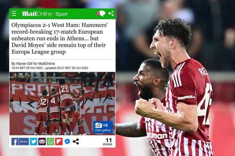 Έκανε αίσθηση στην Αγγλία η μεγάλη νίκη του Ολυμπιακού: «Τέλος στο σερί 17 αήττητων ευρωπαϊκών αγώνων της κατόχου του Conference League Γουέστ Χαμ»