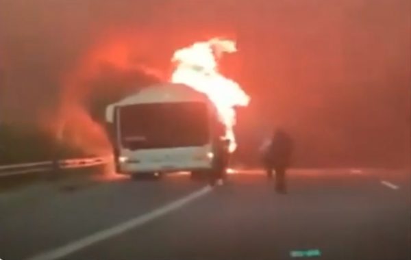 Η στιγμή που το λεωφορείο του ΚΤΕΛ έχει τυλιχτεί στις φλόγες – Δρομολόγιο «θρίλερ» προς Θεσσαλονίκη