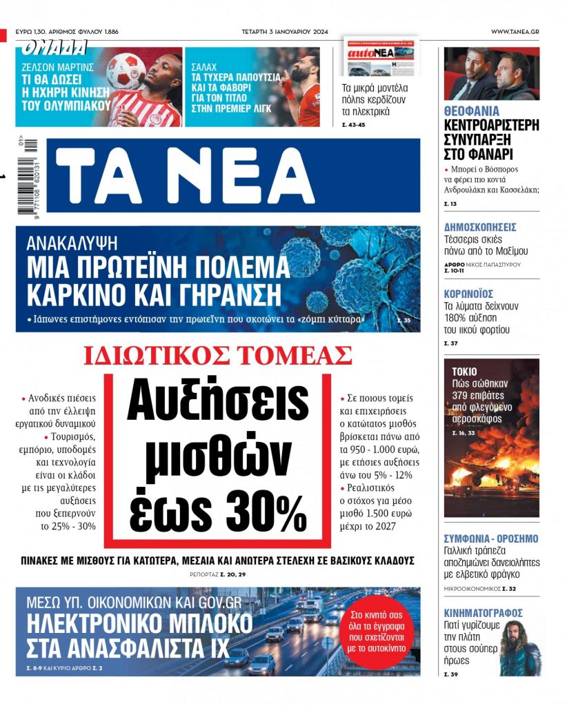 Διαβάστε στα «ΝΕΑ» της Τετάρτης: Αυξήσεις μισθών έως 30%