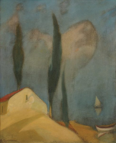 Μιχάλης Οικονόμου, Ξωκλήσι με κυπαρίσσια, λάδι σε φανέλα, 61x50 εκ, Ιδιωτική Συλλογή (1)