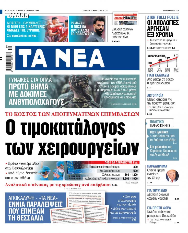 Στα «ΝΕΑ» της Τετάρτης: Ο τιμοκατάλογος των χειρουργείων