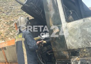 Ηράκλειο: Φορτηγό ανετράπη στον ΒΟΑΚ και τυλίχθηκε στις φλόγες