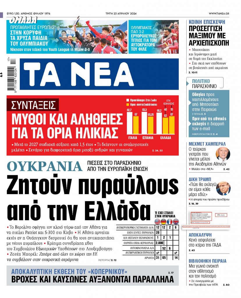 Στα «ΝΕΑ» της Τρίτης: Ζητούν πυραύλους από την Ελλάδα